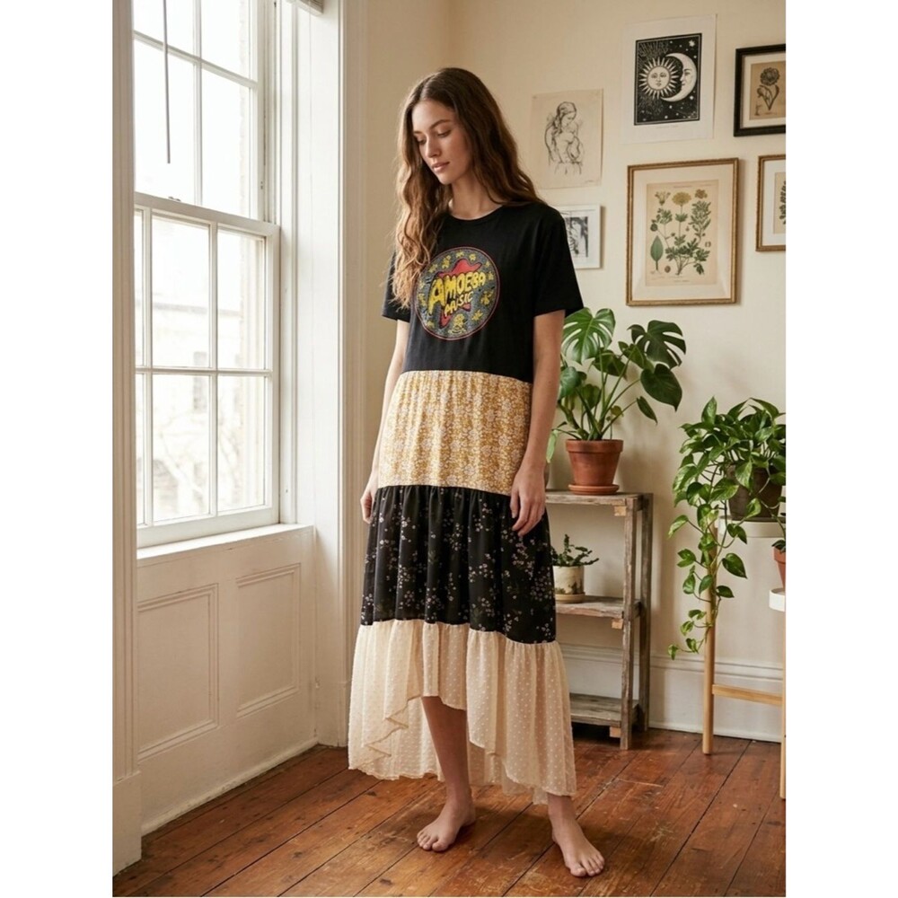 Boho Tiered Maxi Dress in Black and Cream